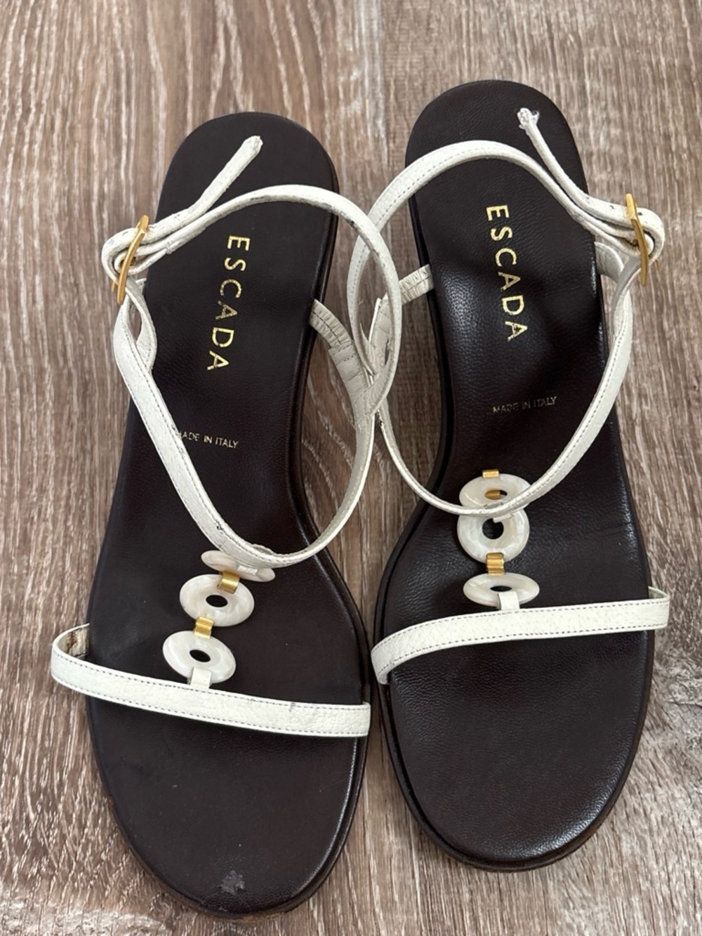 Escada White Leather Slingback Sandals with Gold Accents